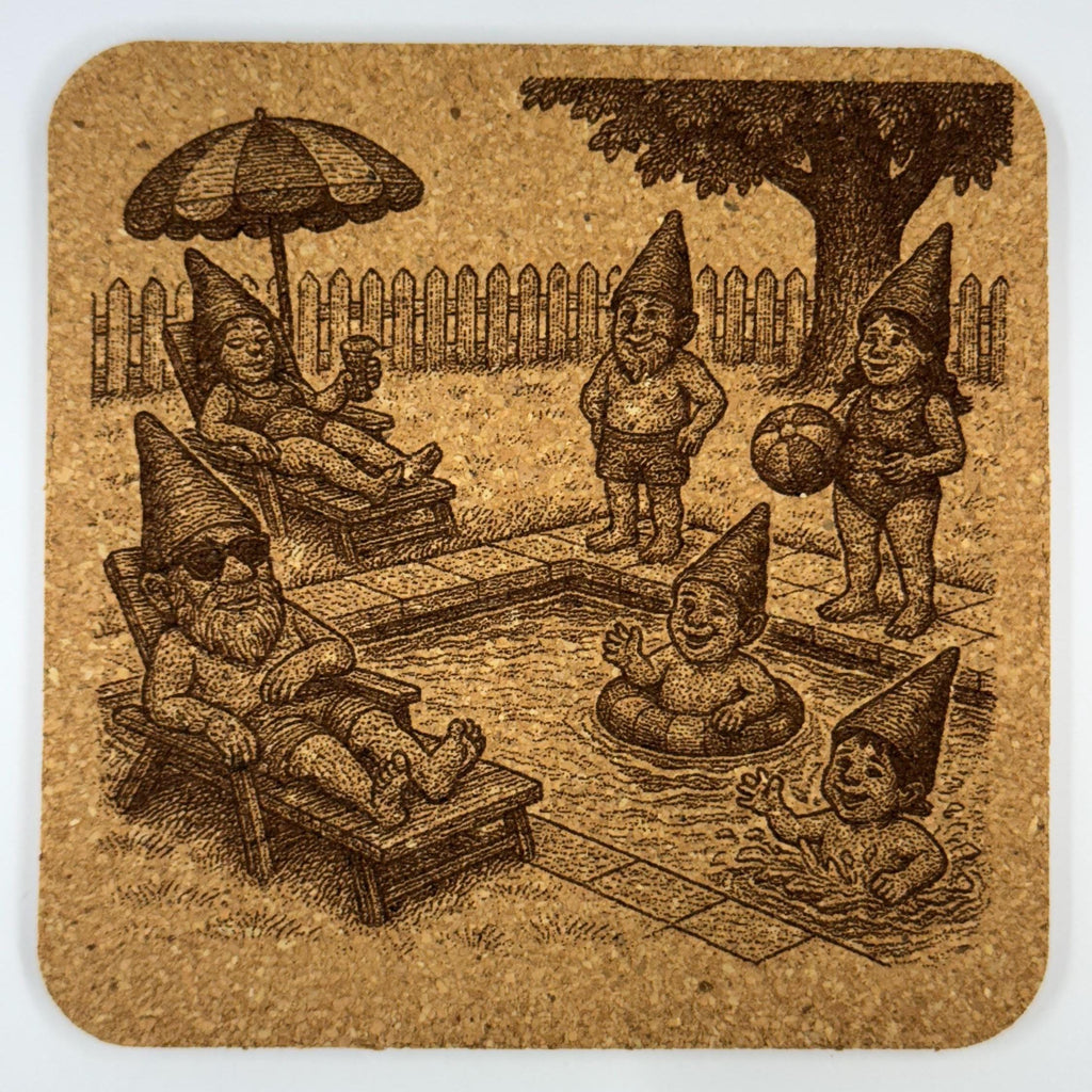 Garden Gnome Coaster Set: Laser Engraved Cork Drink Coasters, Whimsical Art