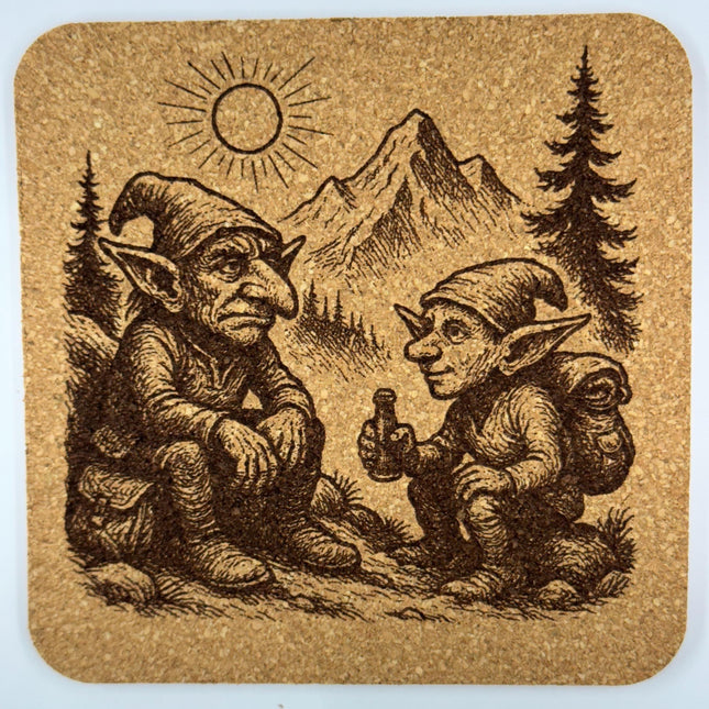 Hiking Goblins Coaster Set of 4 Laser Engraved Cork - Fantasy Adventure