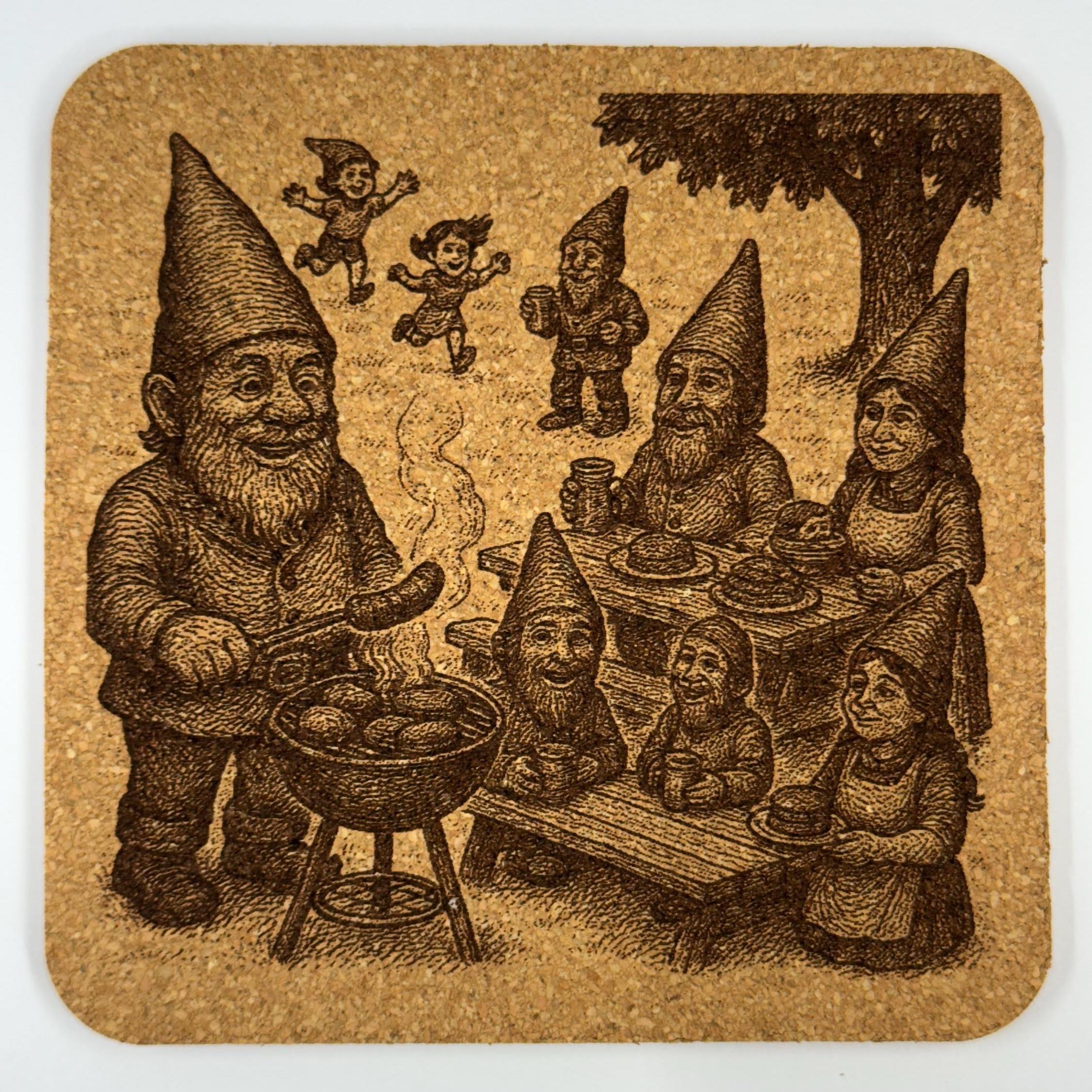 Garden Gnome Coaster Set: Laser Engraved Cork Drink Coasters, Whimsical Art