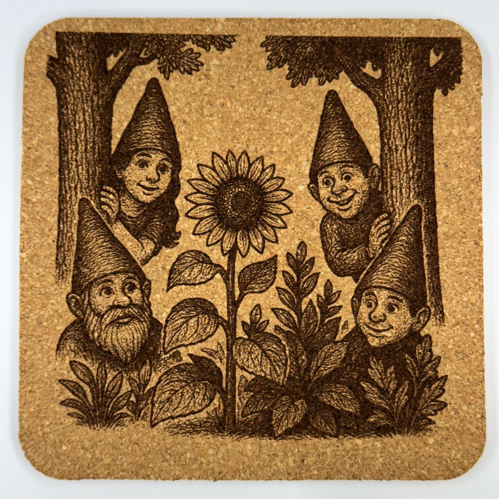 Garden Gnome Coaster Set: Laser Engraved Cork Drink Coasters, Whimsical Art
