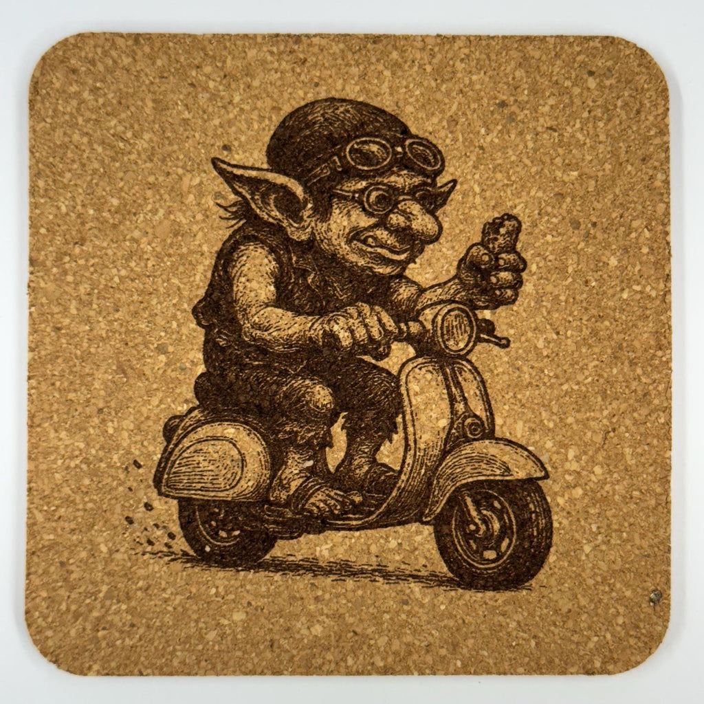 Goblin Motorcycle Laser Engraved Set of 4 Cork Coasters