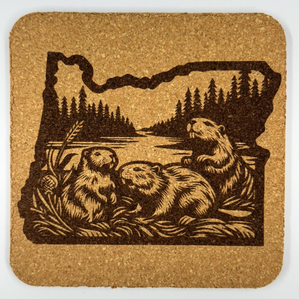 Laser Engraved Oregon Cork Coaster Set: PNW Rivers, Forests, Beavers