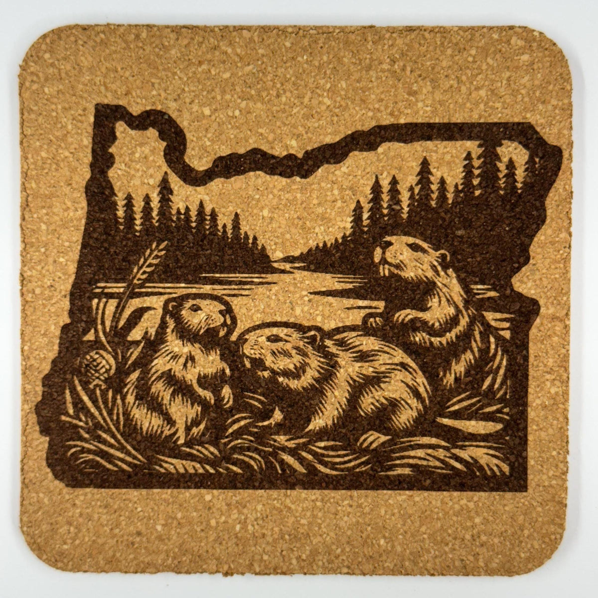Laser Engraved Oregon Cork Coaster Set: PNW Rivers, Forests, Beavers