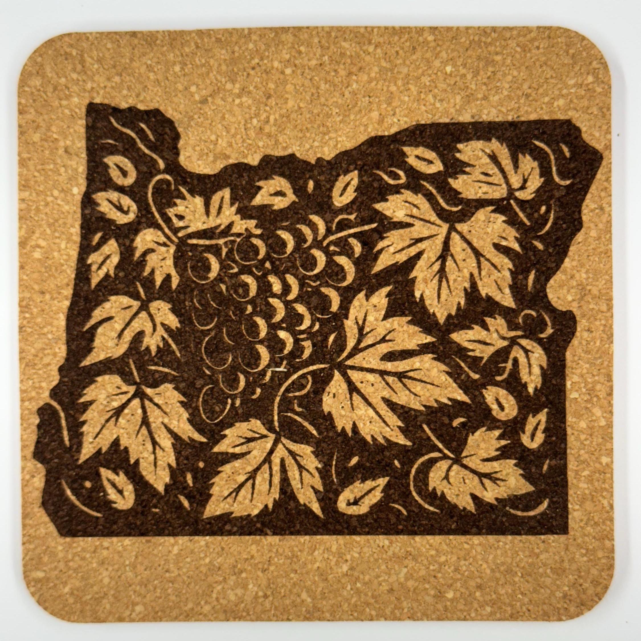 Laser Engraved Oregon Cork Coaster Set: PNW Rivers, Forests, Beavers