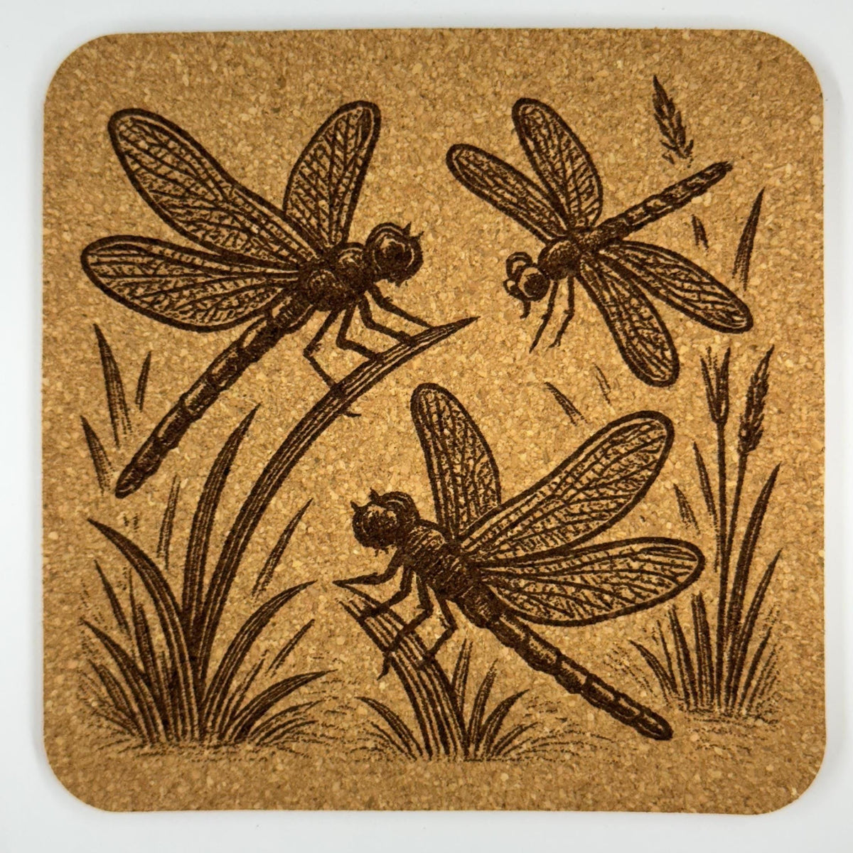 Dragonfly Cork Coaster Set: Laser Engraved Rustic Drink Coasters