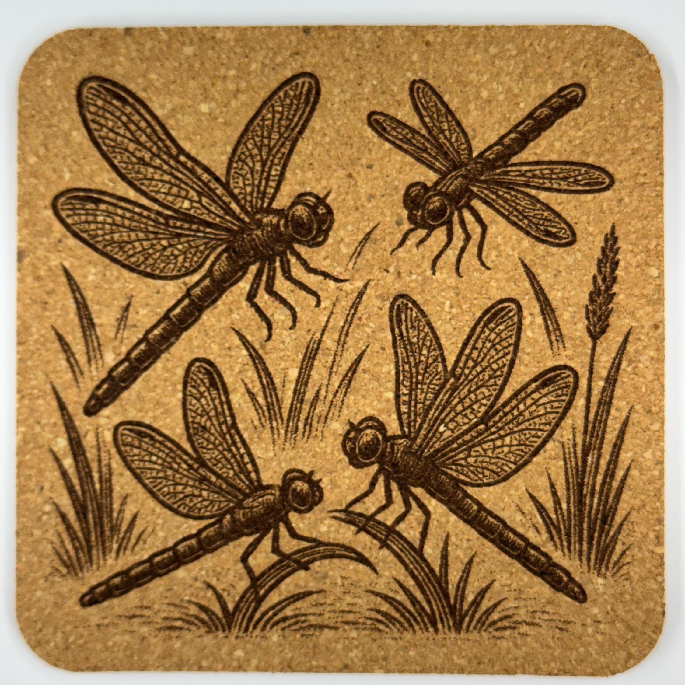 Dragonfly Cork Coaster Set: Laser Engraved Rustic Drink Coasters