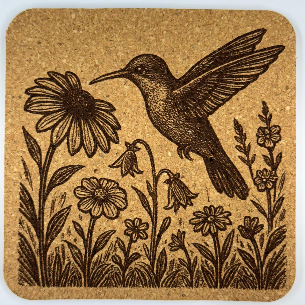 Hummingbird Cork Coaster Set: Laser Engraved Floral Design