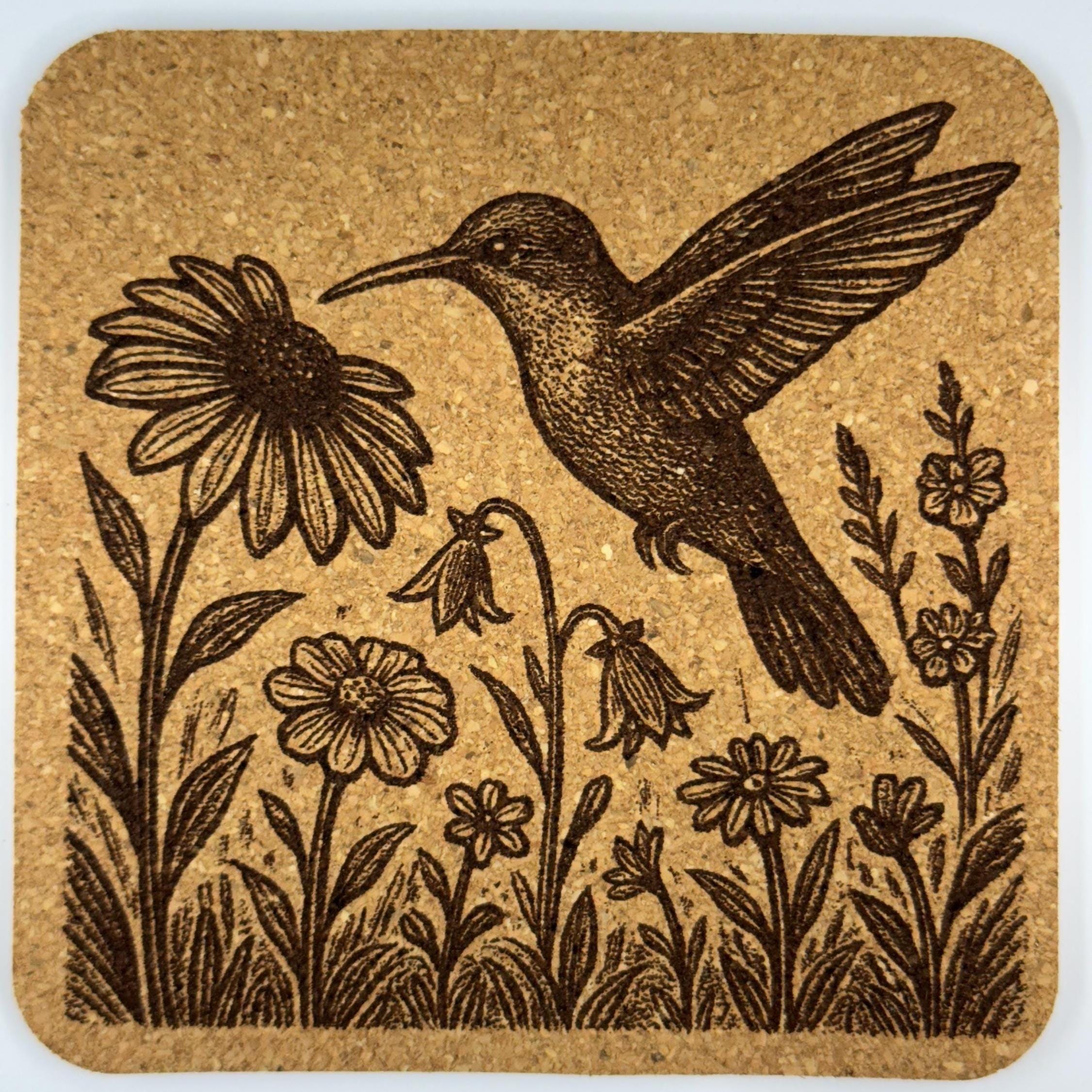 Hummingbird Cork Coaster Set: Laser Engraved Floral Design