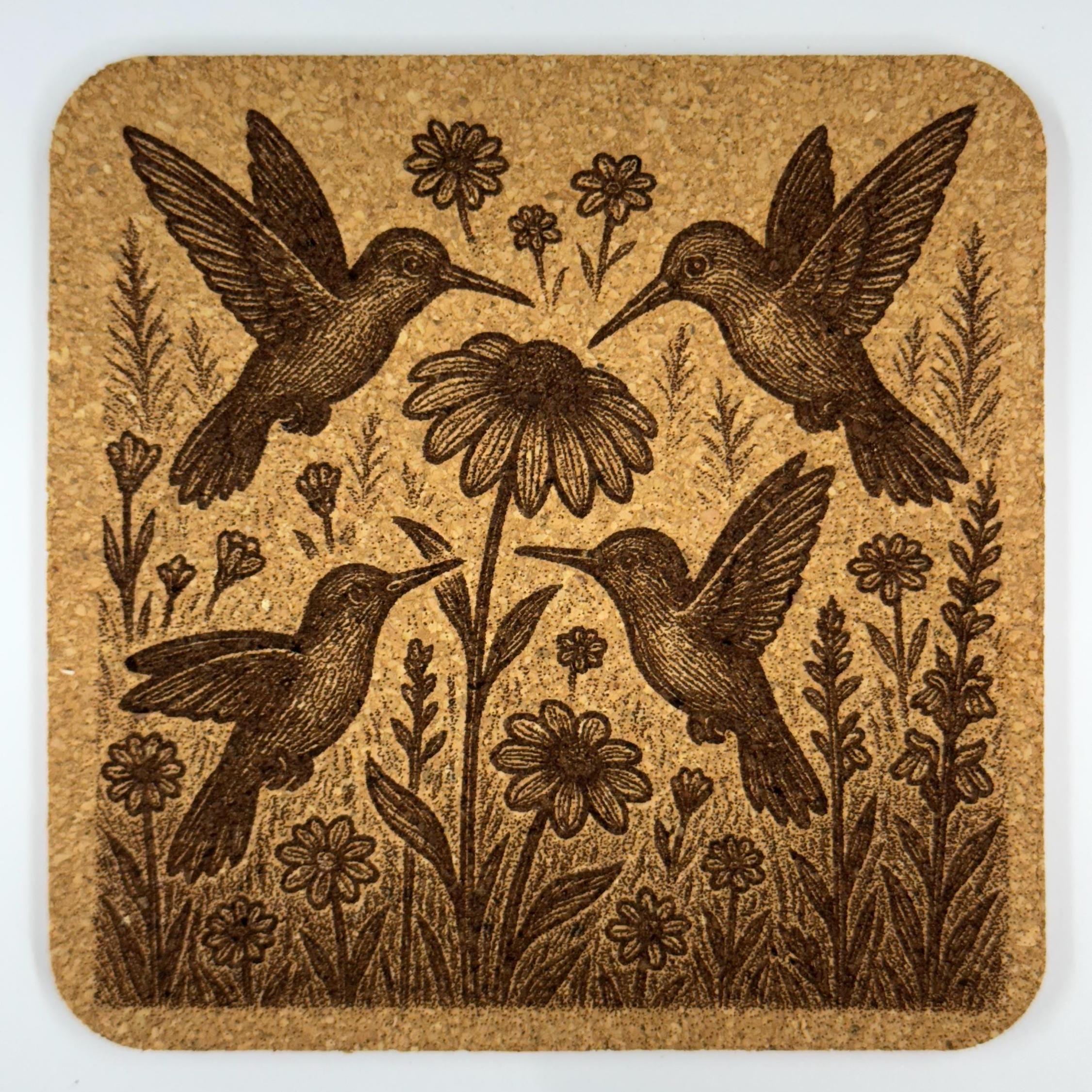 Hummingbird Cork Coaster Set: Laser Engraved Floral Design