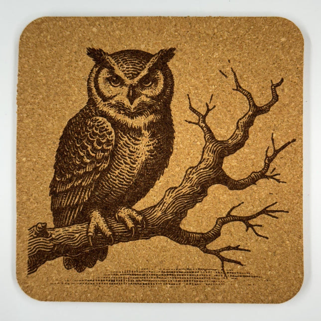 Laser Engraved Owl Cork Coaster Set: Woodland Home Decor