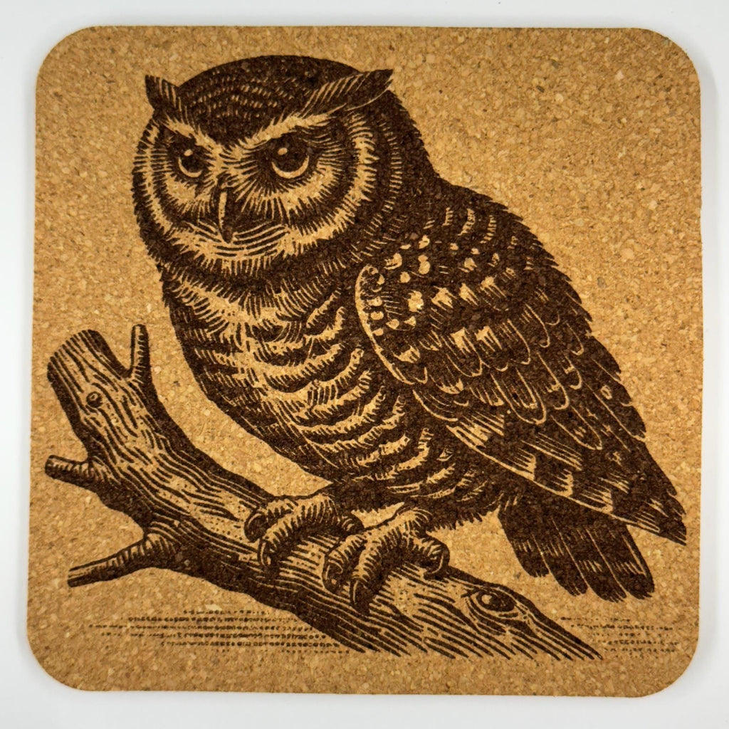 Laser Engraved Owl Cork Coaster Set: Woodland Home Decor