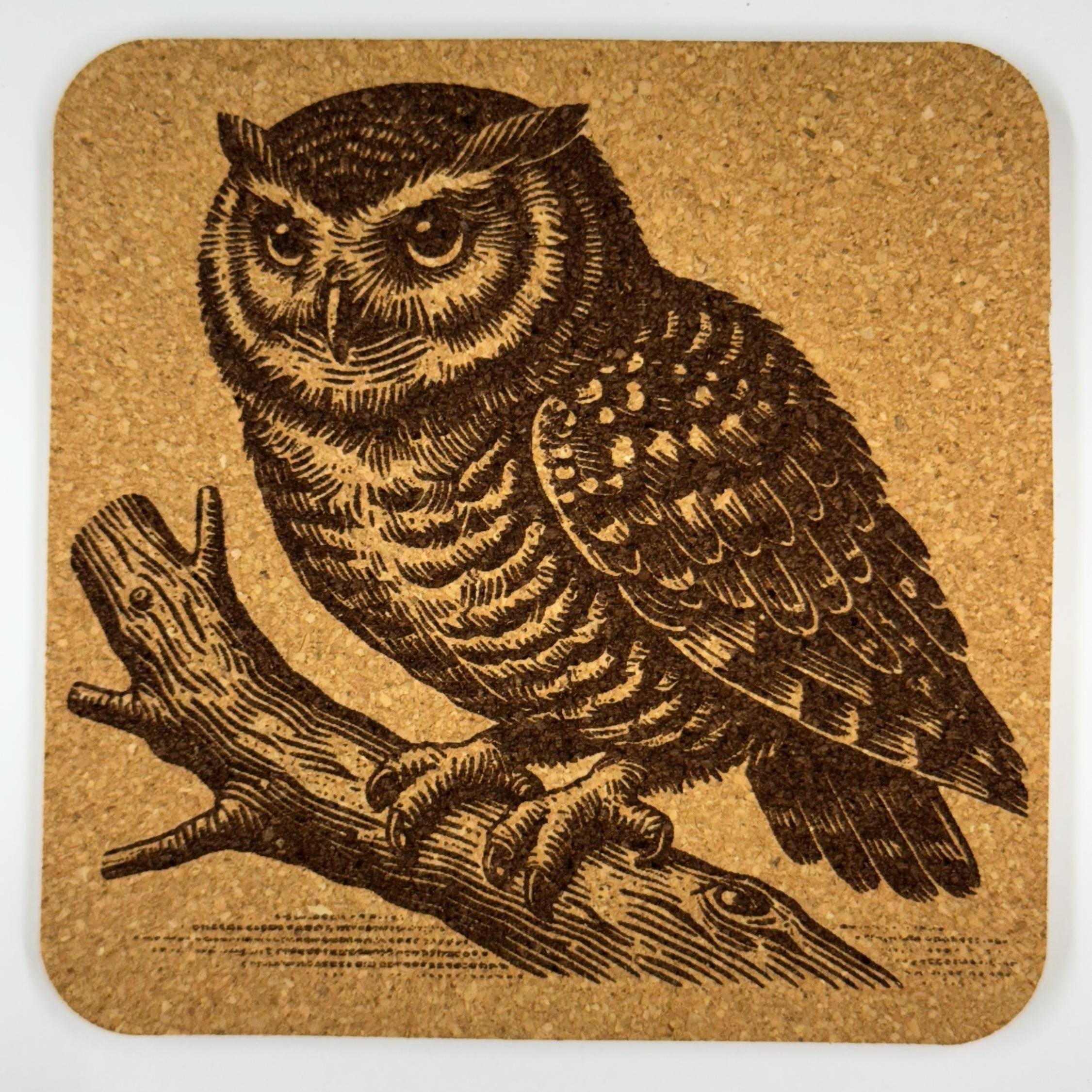 Laser Engraved Owl Cork Coaster Set: Woodland Home Decor