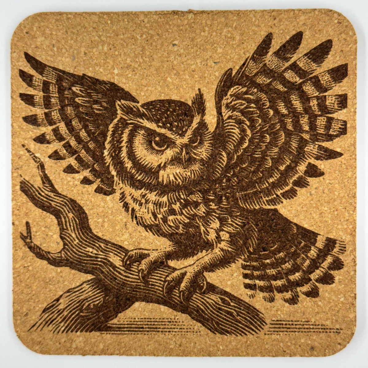 Laser Engraved Owl Cork Coaster Set: Woodland Home Decor