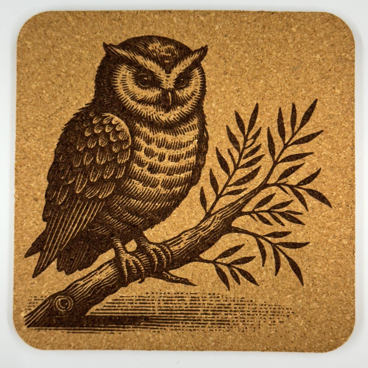 Laser Engraved Owl Cork Coaster Set: Woodland Home Decor