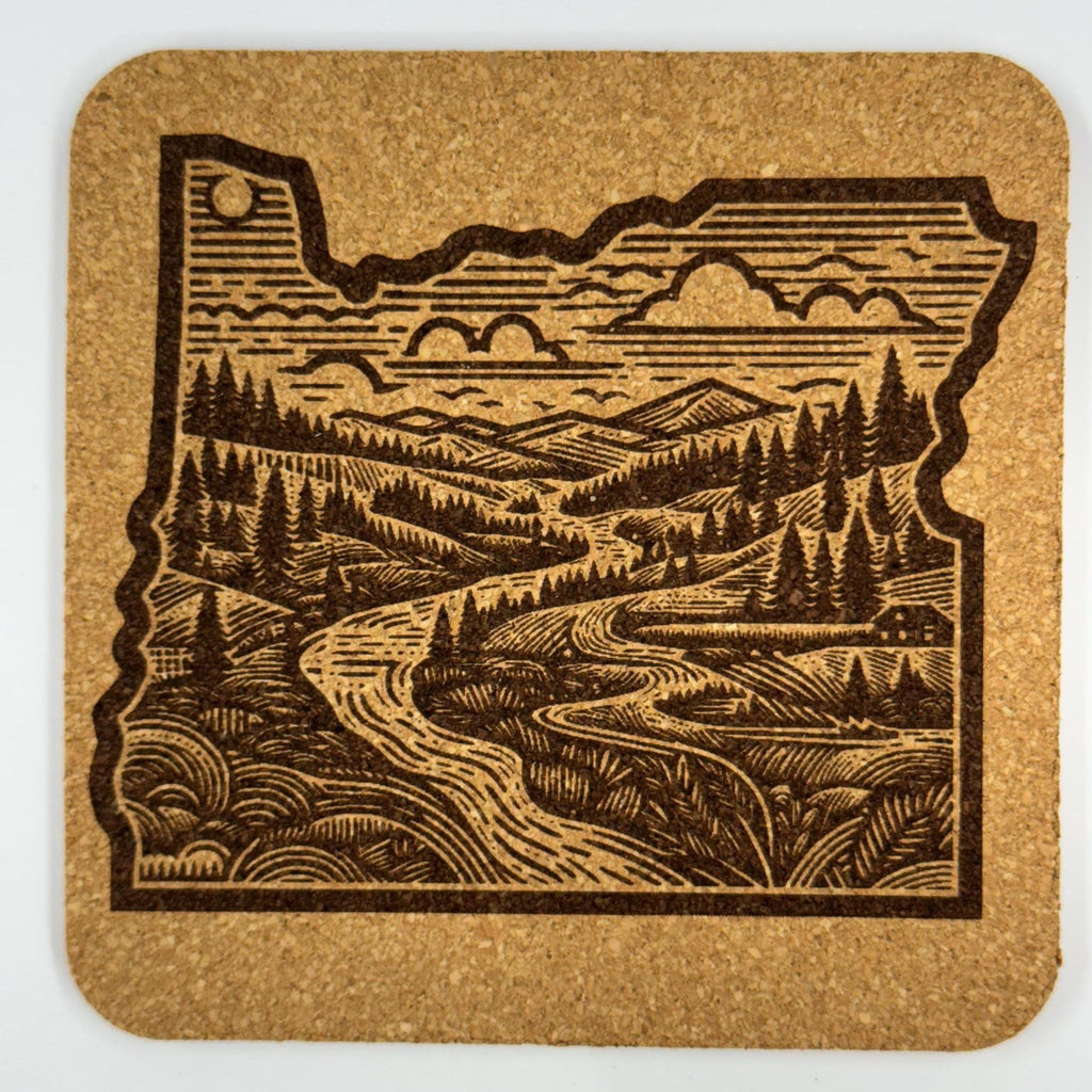 Laser Engraved Oregon Cork Coaster Set: PNW Rivers, Forests, Beavers