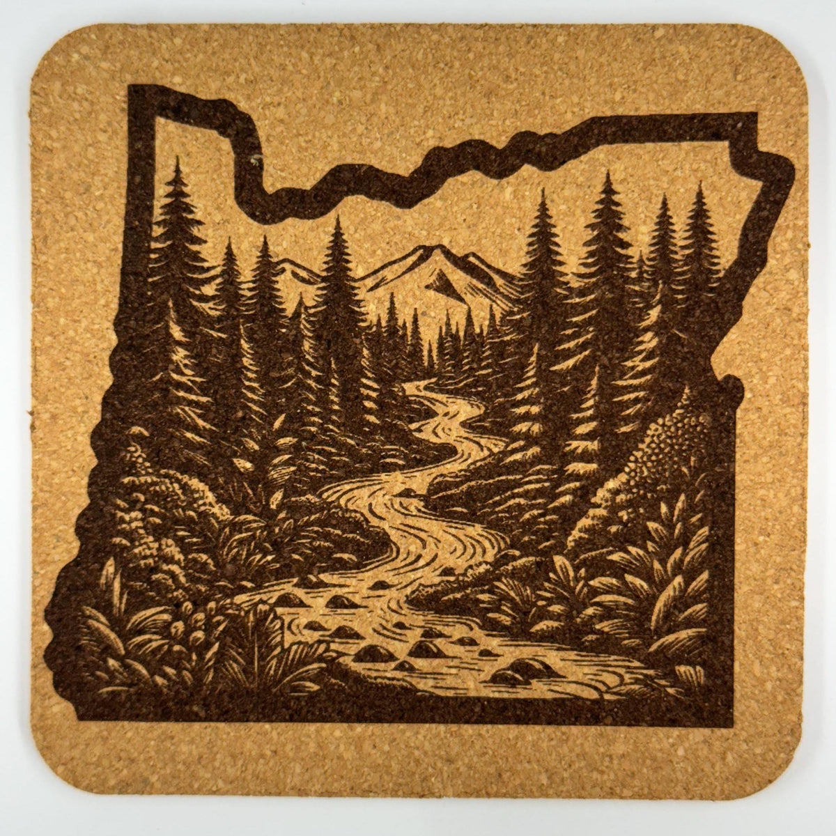 Laser Engraved Oregon Cork Coaster Set: PNW Rivers, Forests, Beavers