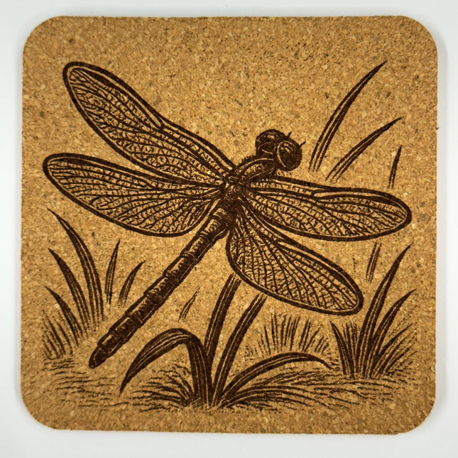 Dragonfly Cork Coaster Set: Laser Engraved Rustic Drink Coasters