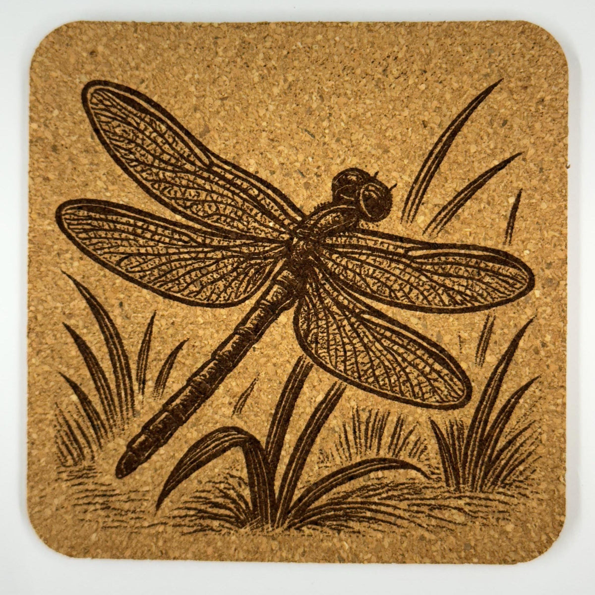 Dragonfly Cork Coaster Set: Laser Engraved Rustic Drink Coasters