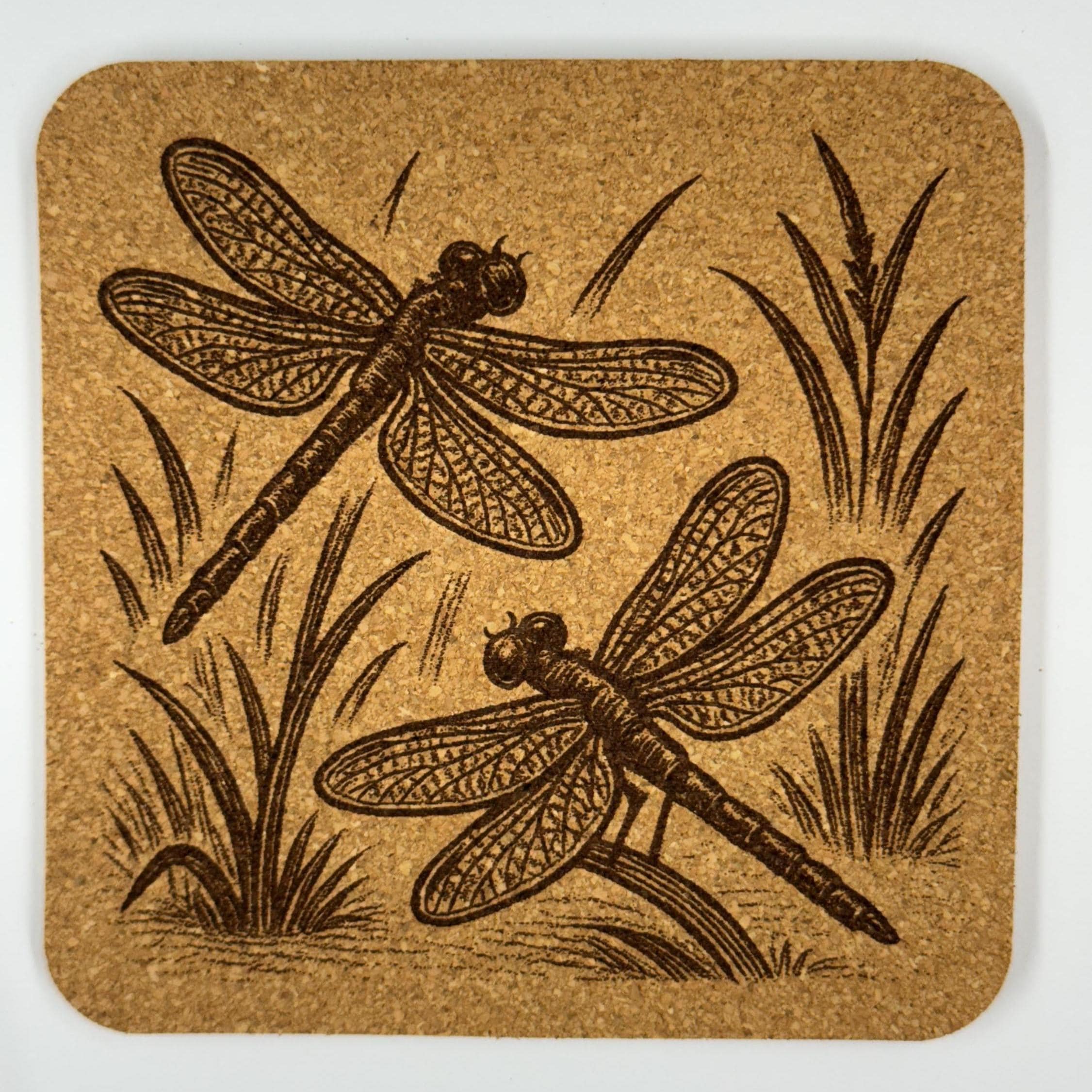Dragonfly Cork Coaster Set: Laser Engraved Rustic Drink Coasters