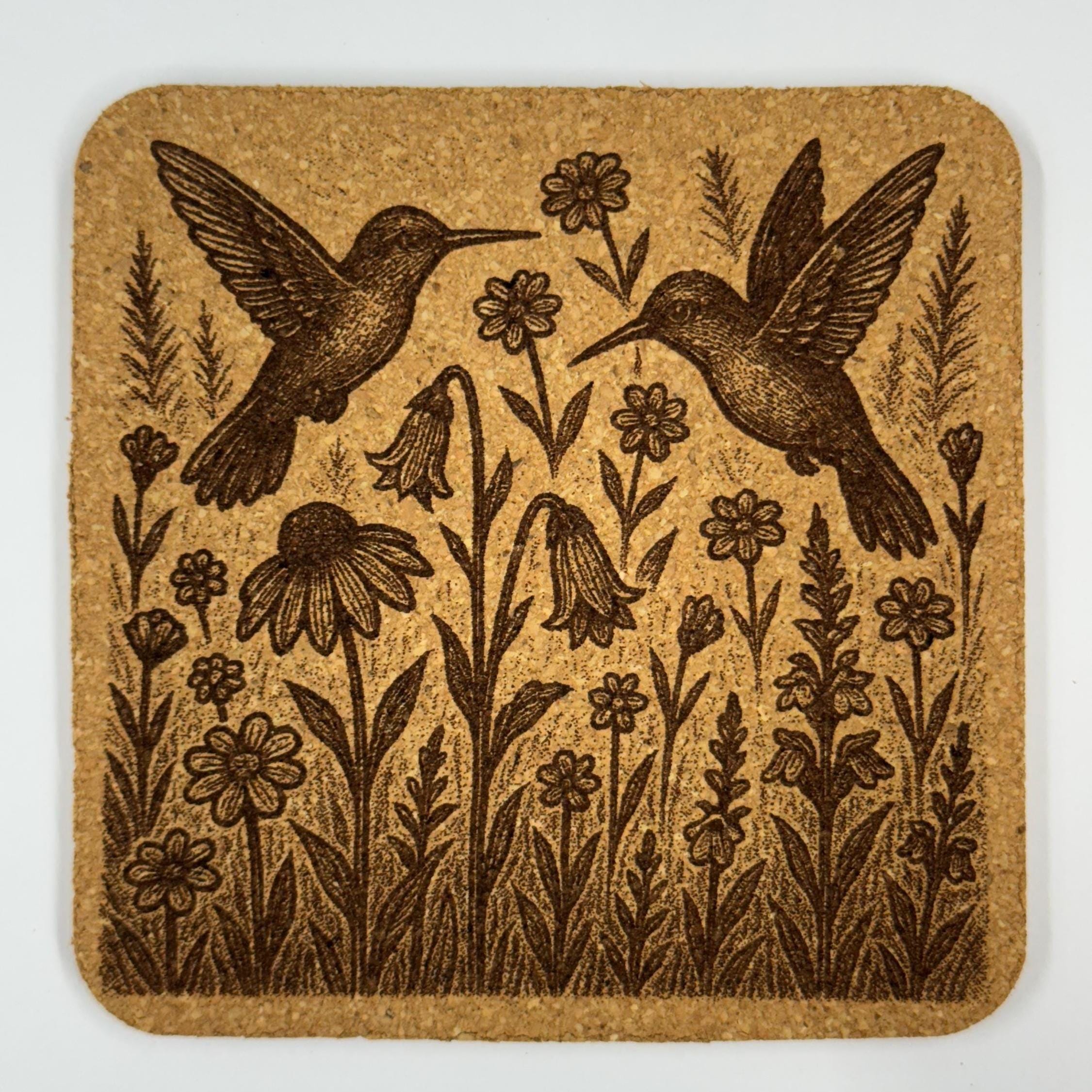 Hummingbird Cork Coaster Set: Laser Engraved Floral Design