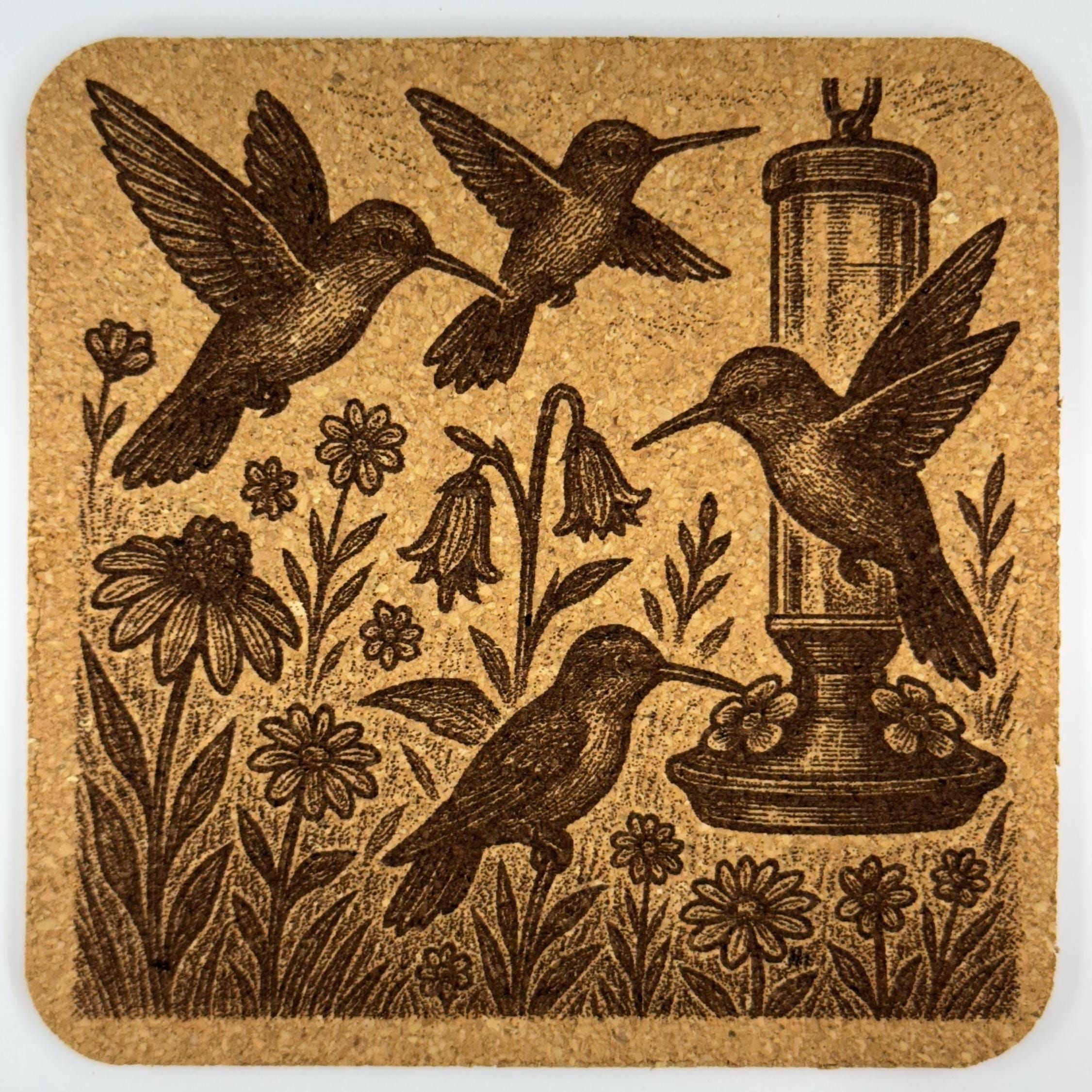 Hummingbird Cork Coaster Set: Laser Engraved Floral Design