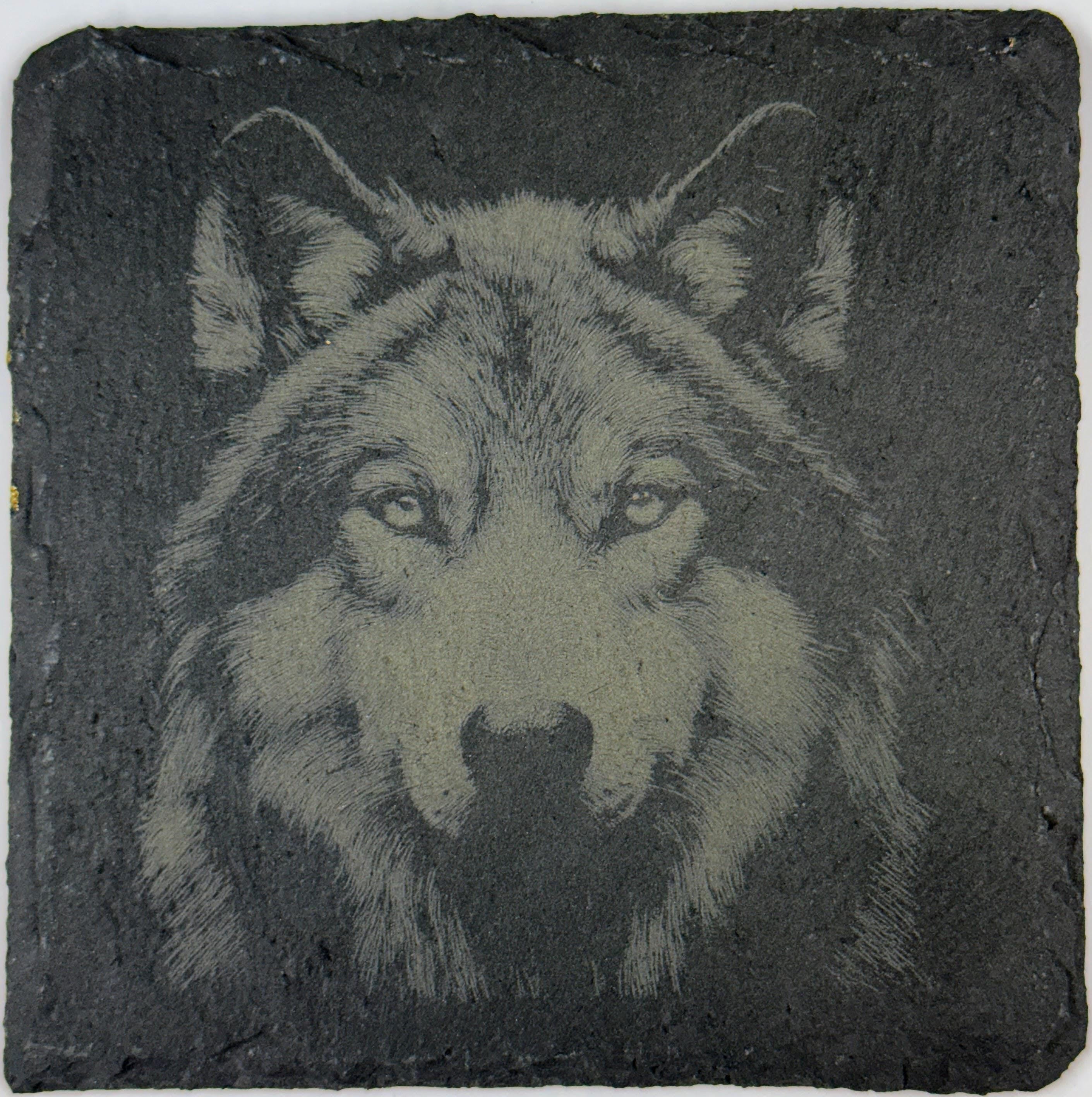 Wolf Wildlife Portraits, Rustic Cabin Decor, Set of 4 Laser Engraved Slate Coasters