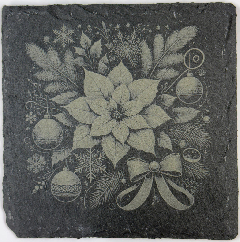 Holiday Poinsettias Laser Engraved Slate Coasters – Christmas Holiday Drinkware