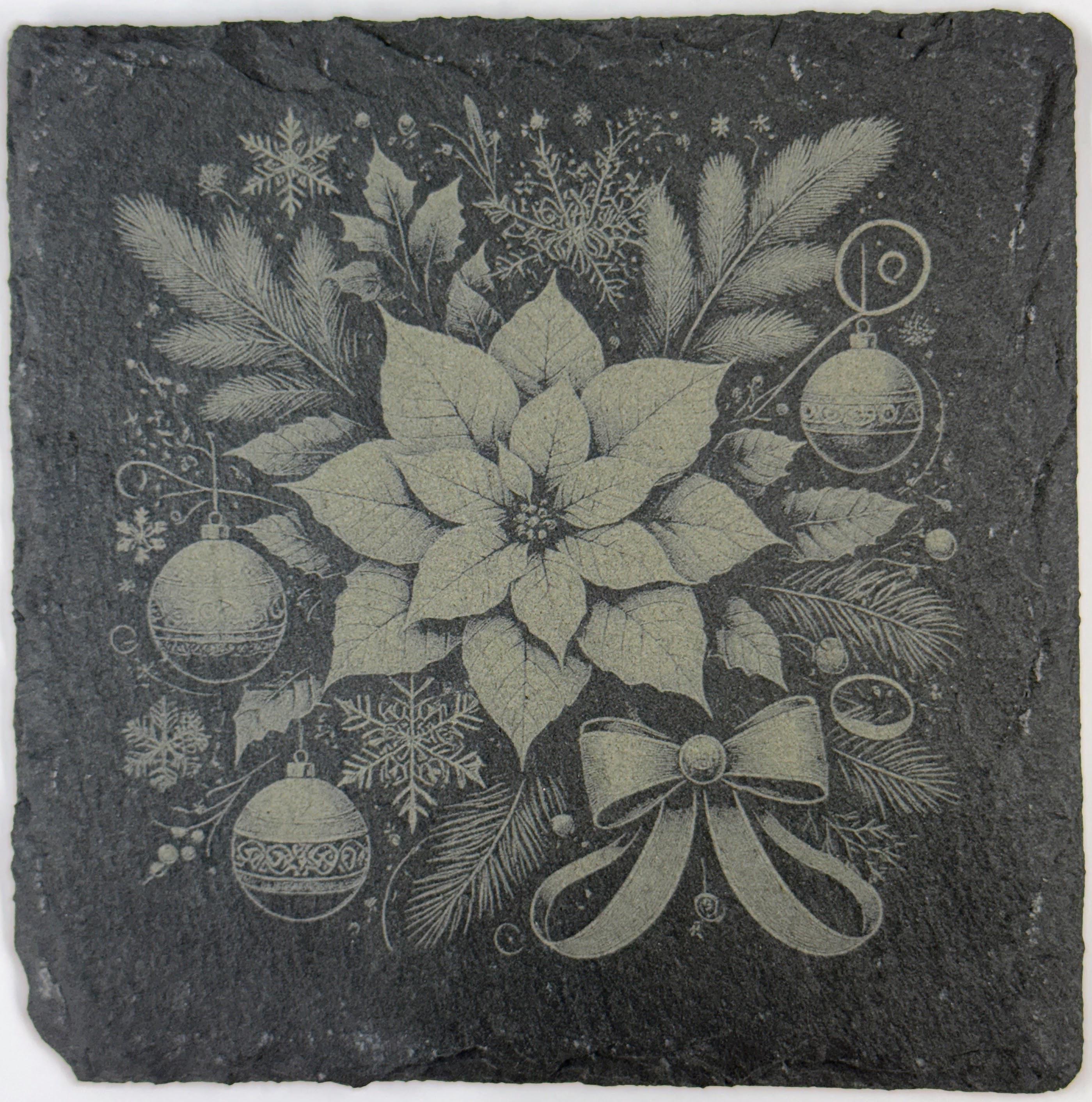 Holiday Poinsettias Laser Engraved Slate Coasters – Christmas Holiday Drinkware