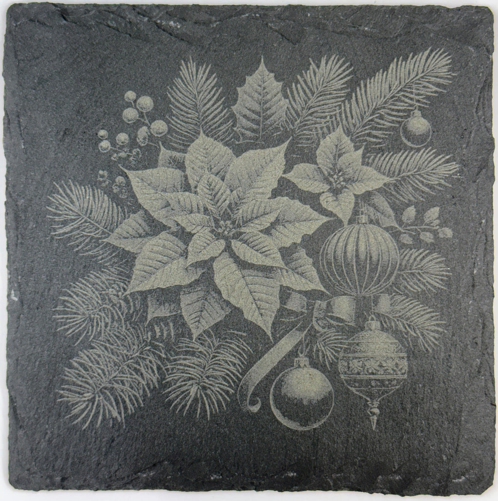 Holiday Poinsettias Laser Engraved Slate Coasters – Christmas Holiday Drinkware