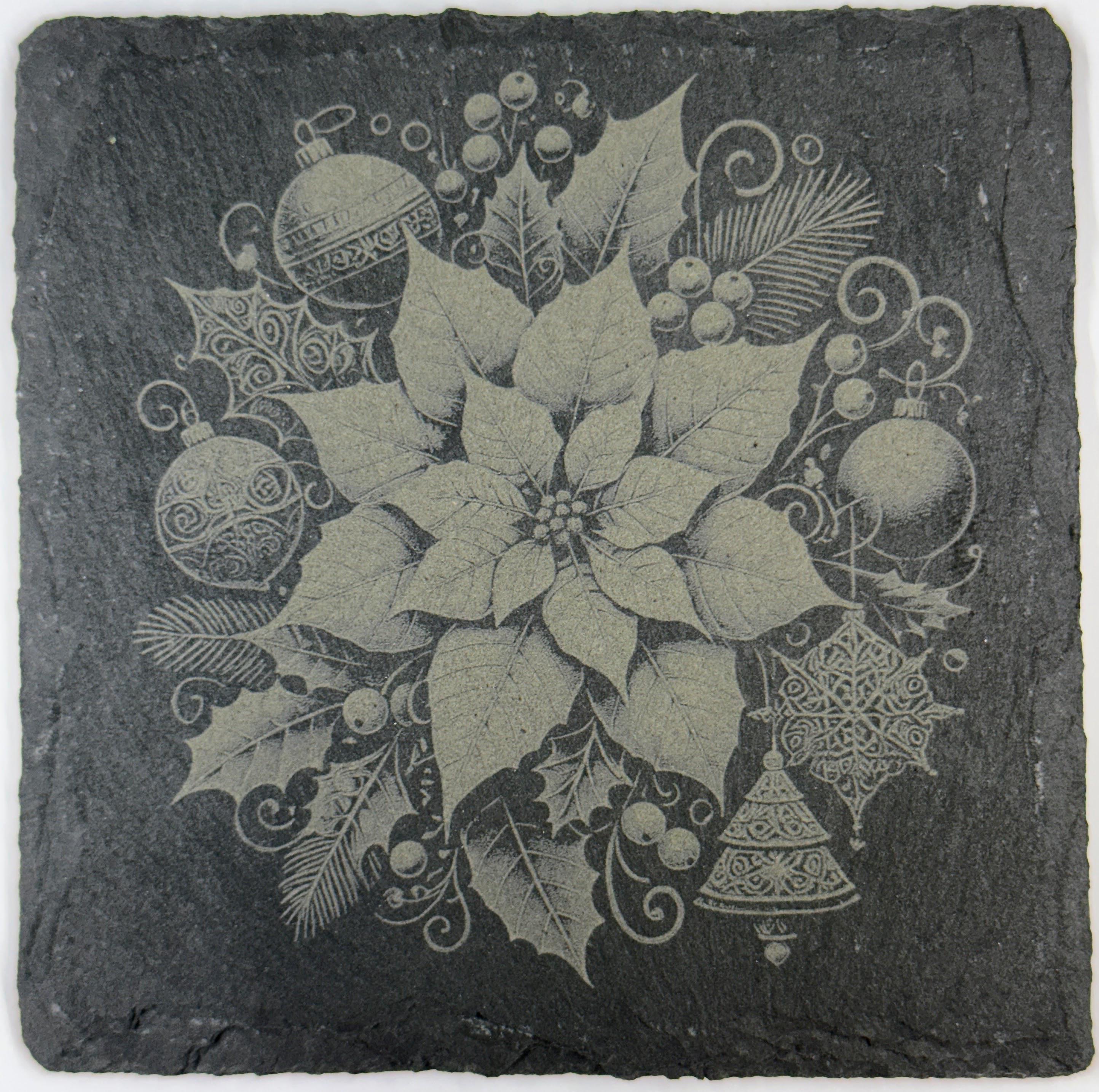 Holiday Poinsettias Laser Engraved Slate Coasters – Christmas Holiday Drinkware