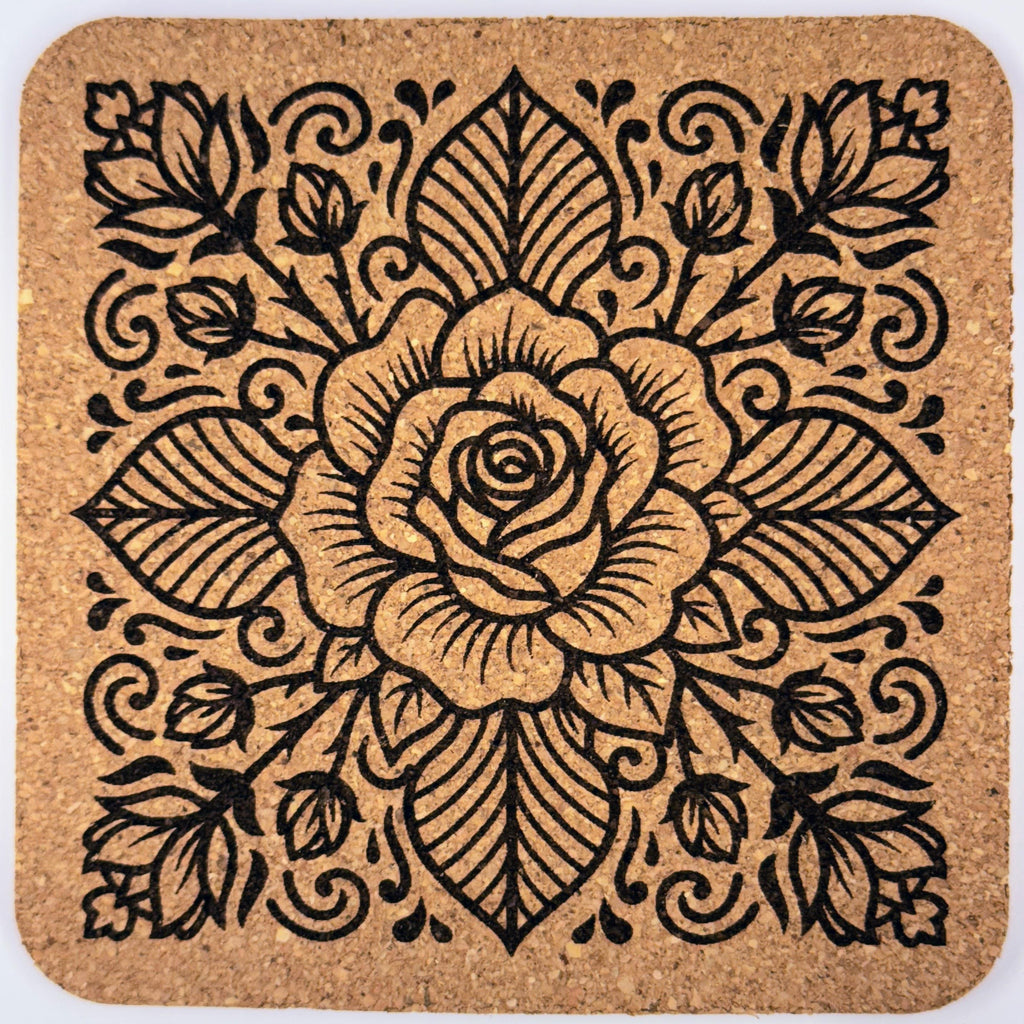 Rose Mandala Cork Coasters: Laser Engraved Floral Home Decor