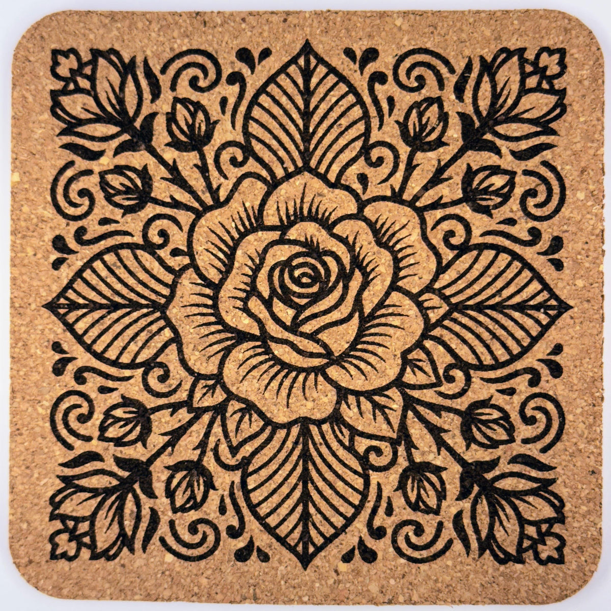 Rose Mandala Cork Coasters: Laser Engraved Floral Home Decor