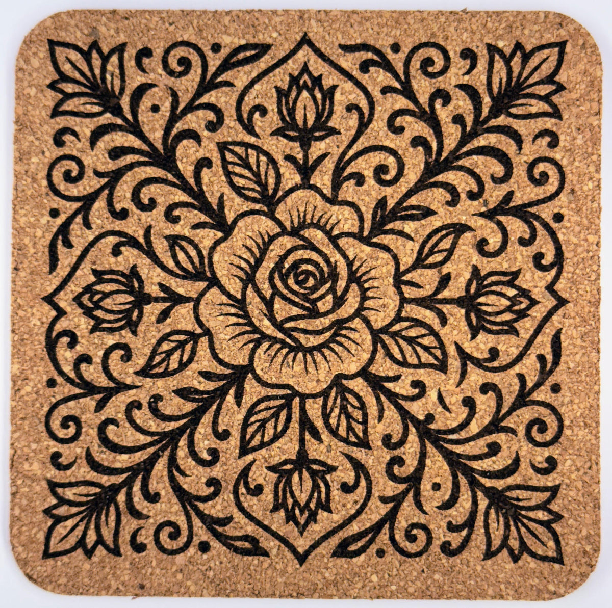 Rose Mandala Cork Coasters: Laser Engraved Floral Home Decor