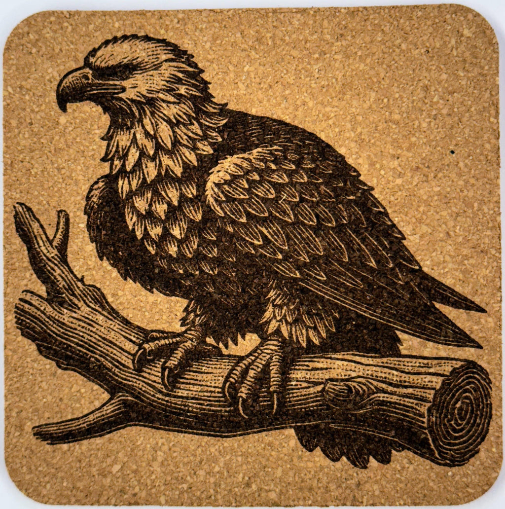 Laser Engraved Bald Eagle Cork Coaster Set - Majestic Bird Drink Coasters