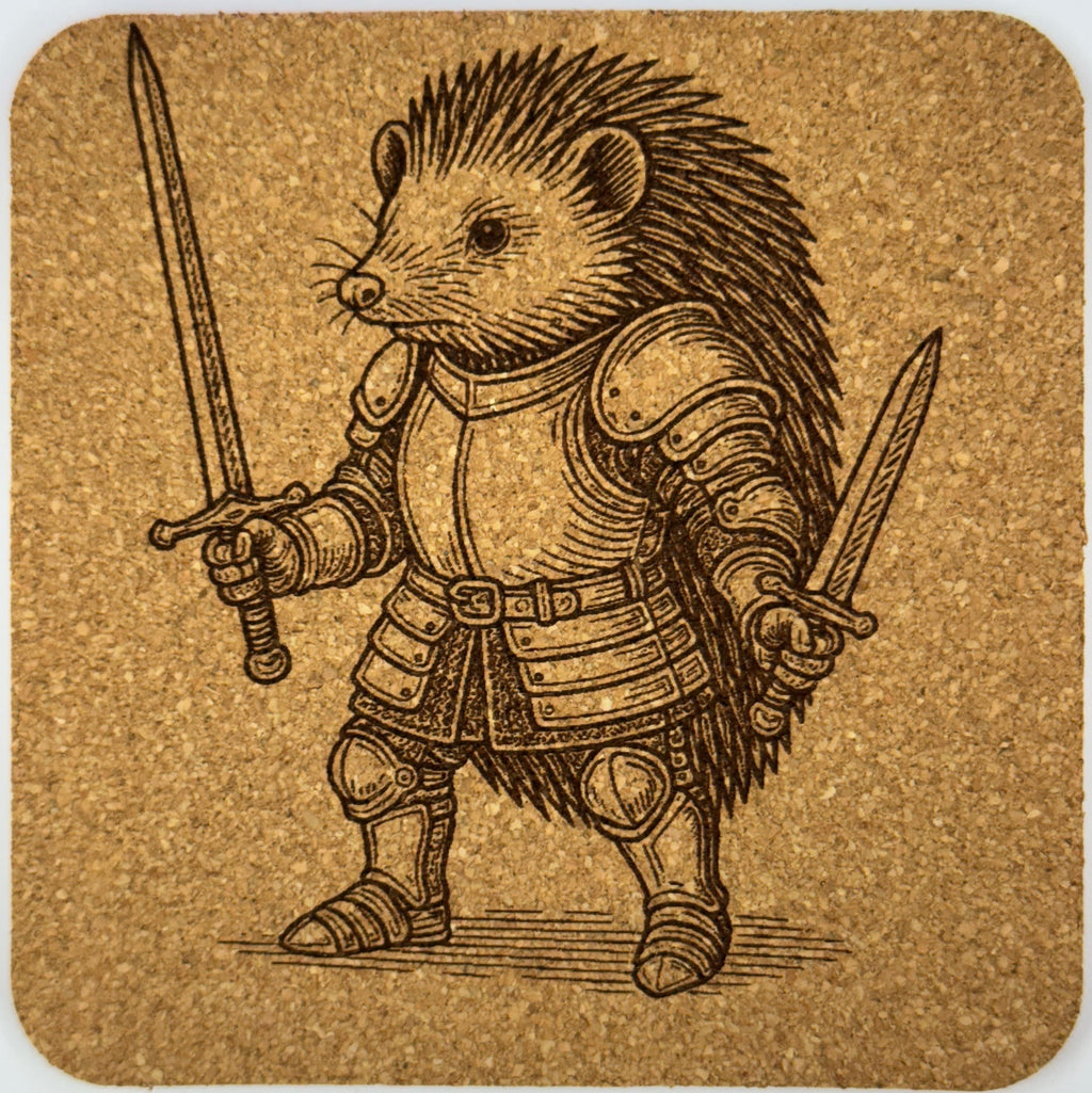 Hedgehog Warrior Cork Coaster Set: Laser Engraved Medieval Animal Art