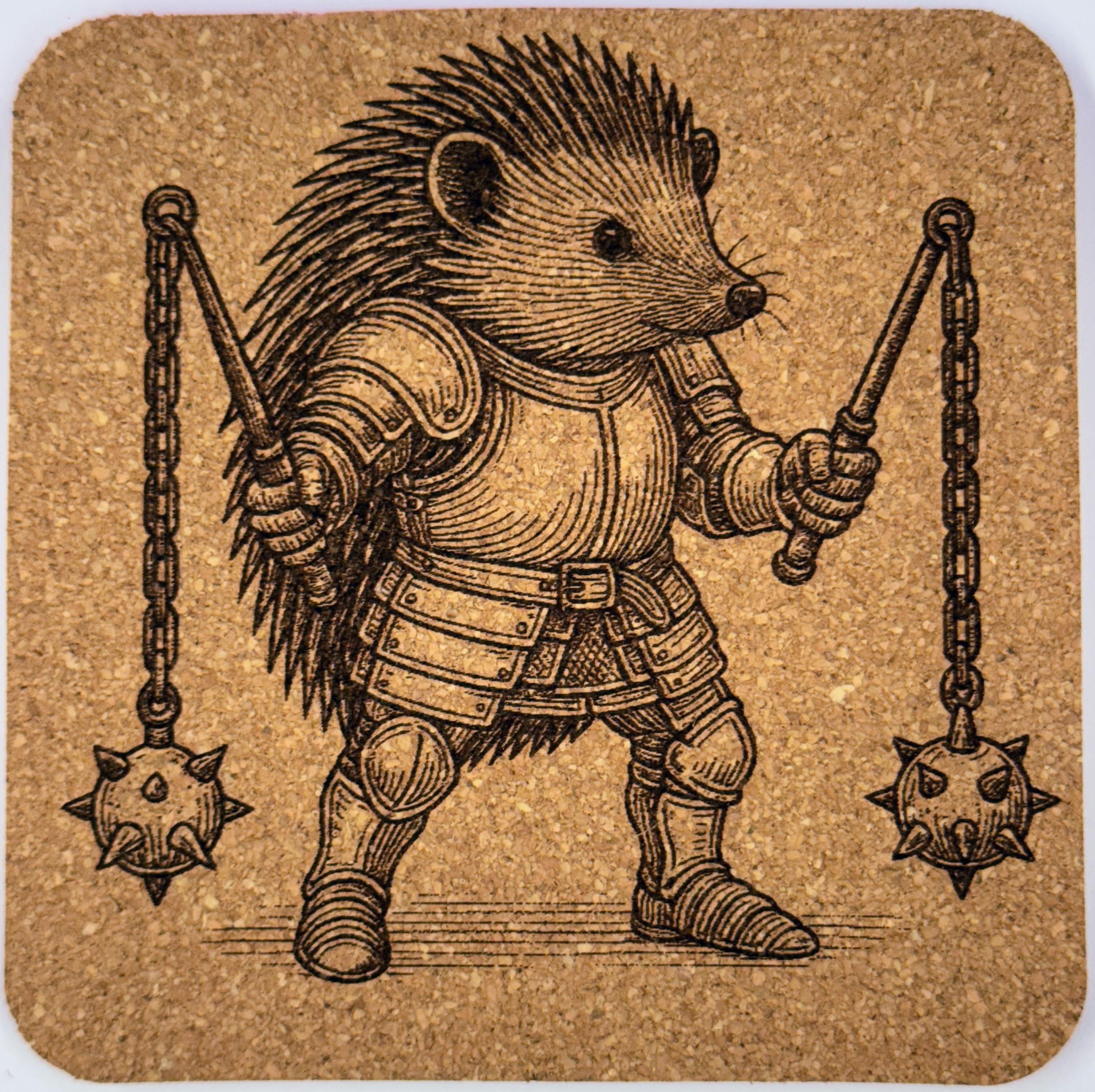 Hedgehog Warrior Cork Coaster Set: Laser Engraved Medieval Animal Art