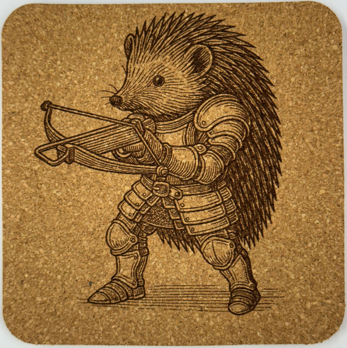 Hedgehog Warrior Cork Coaster Set: Laser Engraved Medieval Animal Art