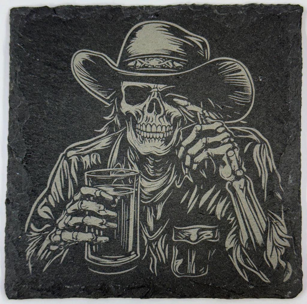Skeleton Cowboy Slate Coaster – Western Gothic Laser-Engraved Barware