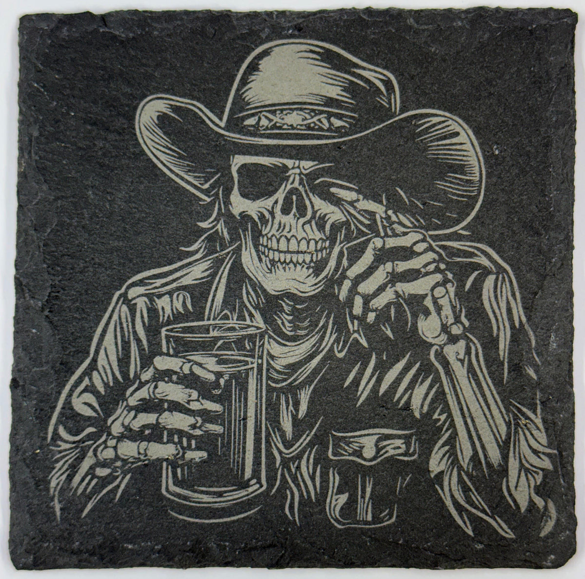 Skeleton Cowboy Slate Coaster – Western Gothic Laser-Engraved Barware
