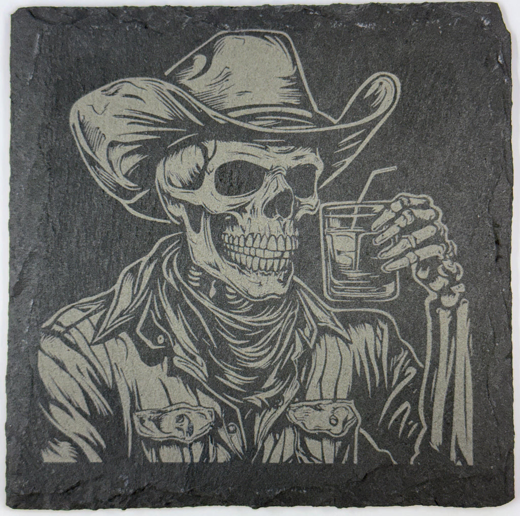 Skeleton Cowboy Slate Coaster – Western Gothic Laser-Engraved Barware