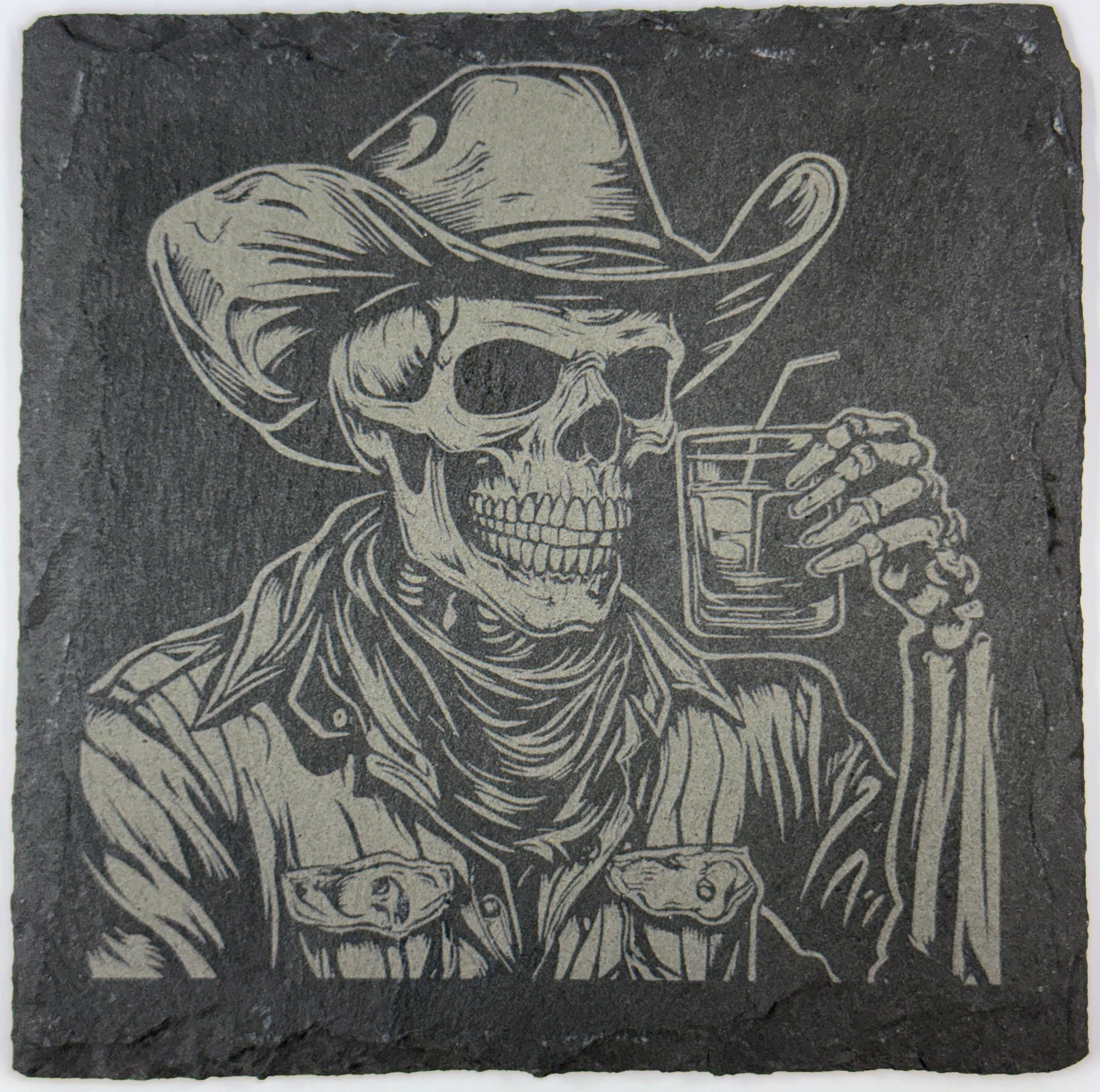 Skeleton Cowboy Slate Coaster – Western Gothic Laser-Engraved Barware