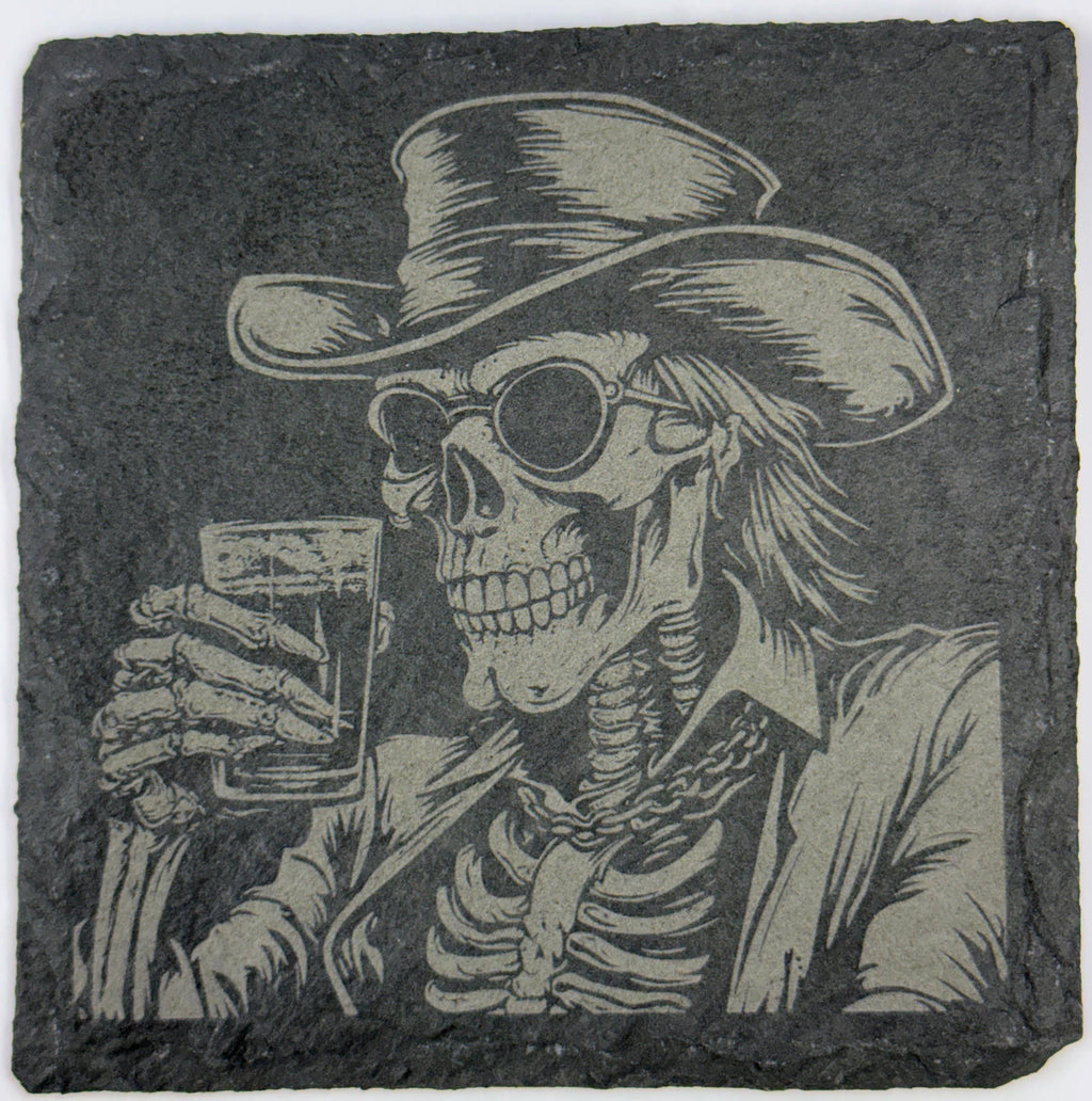 Skeleton Cowboy Slate Coaster – Western Gothic Laser-Engraved Barware
