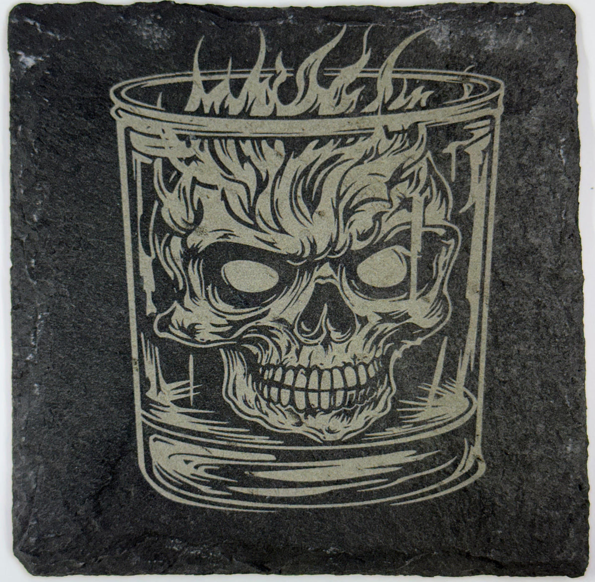 Flaming Skull Whiskey Glass Slate Coasters – Gothic Barware - 4 Designs