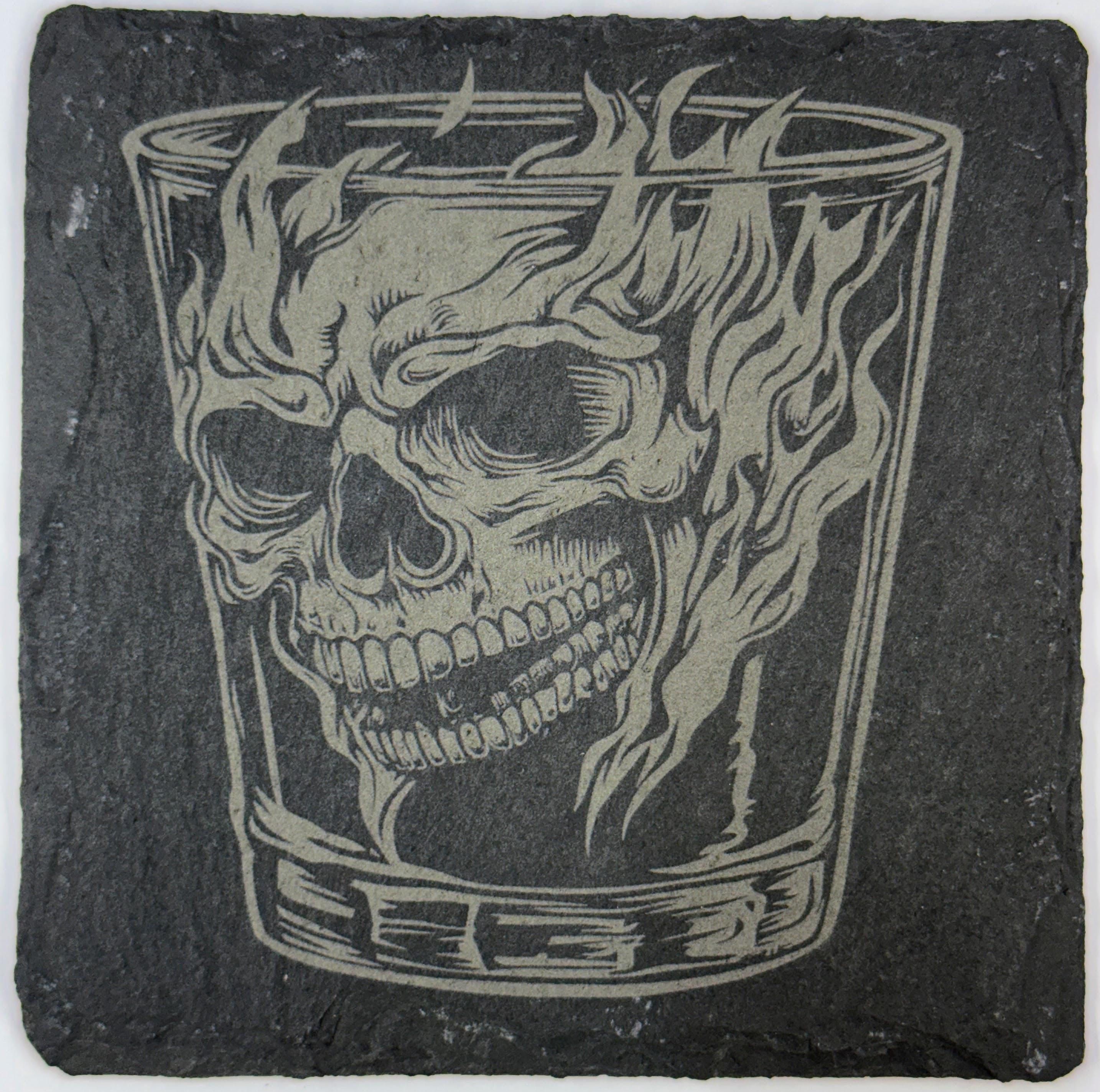 Flaming Skull Whiskey Glass Slate Coasters – Gothic Barware - 4 Designs