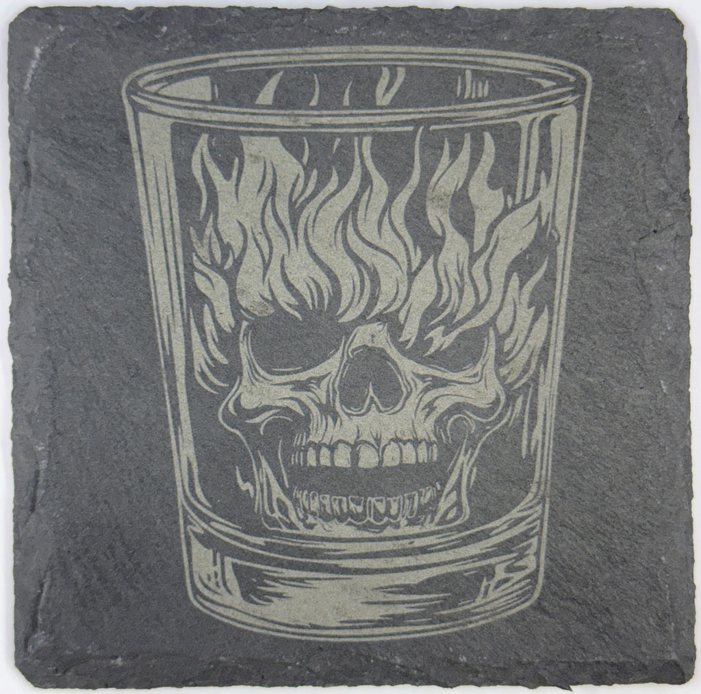 Flaming Skull Whiskey Glass Slate Coasters – Gothic Barware - 4 Designs