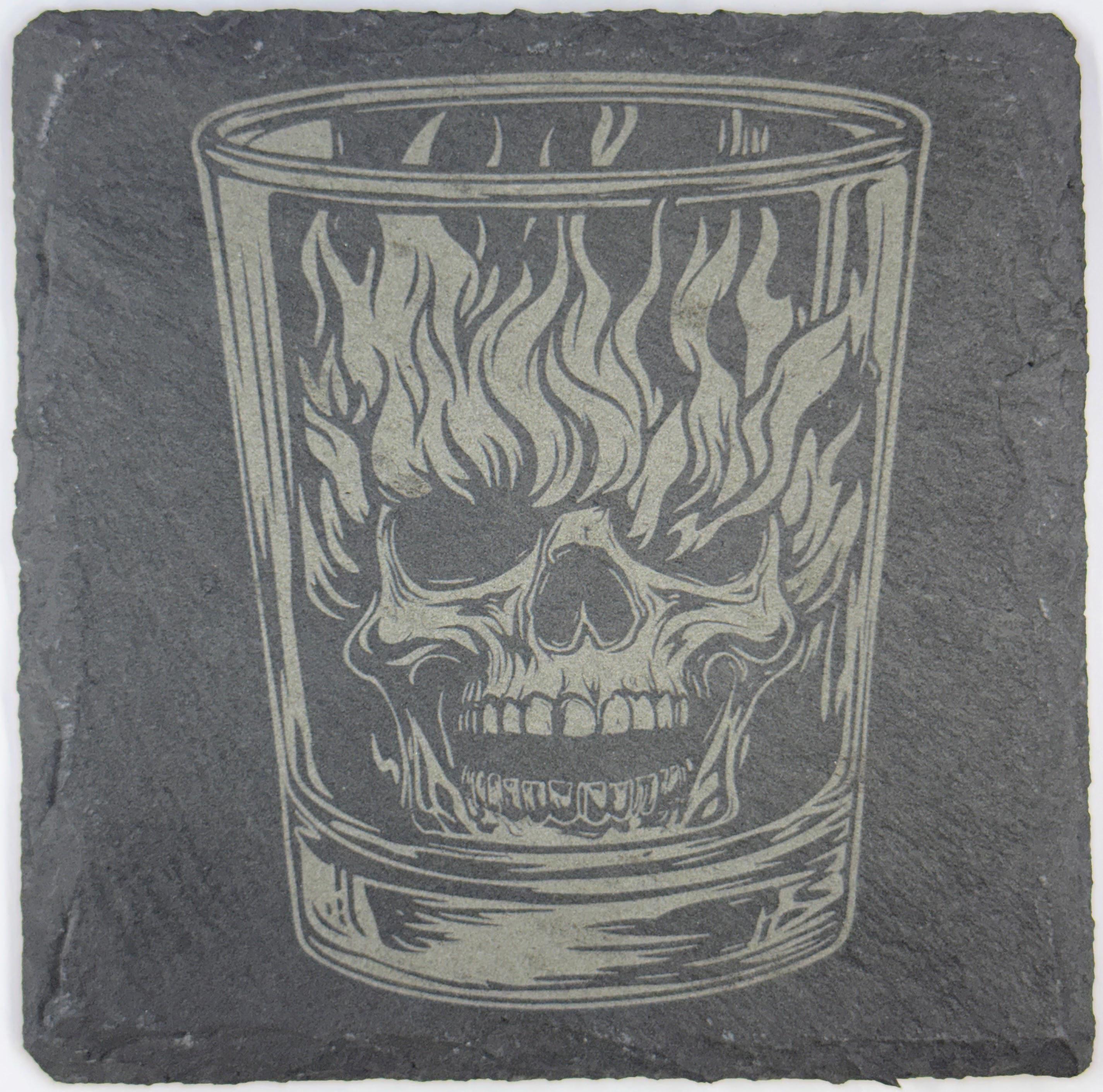 Flaming Skull Whiskey Glass Slate Coasters – Gothic Barware - 4 Designs