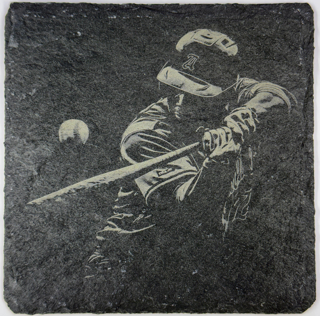 Laser Engraved Baseball Slate Coasters: Batter & Runner Designs