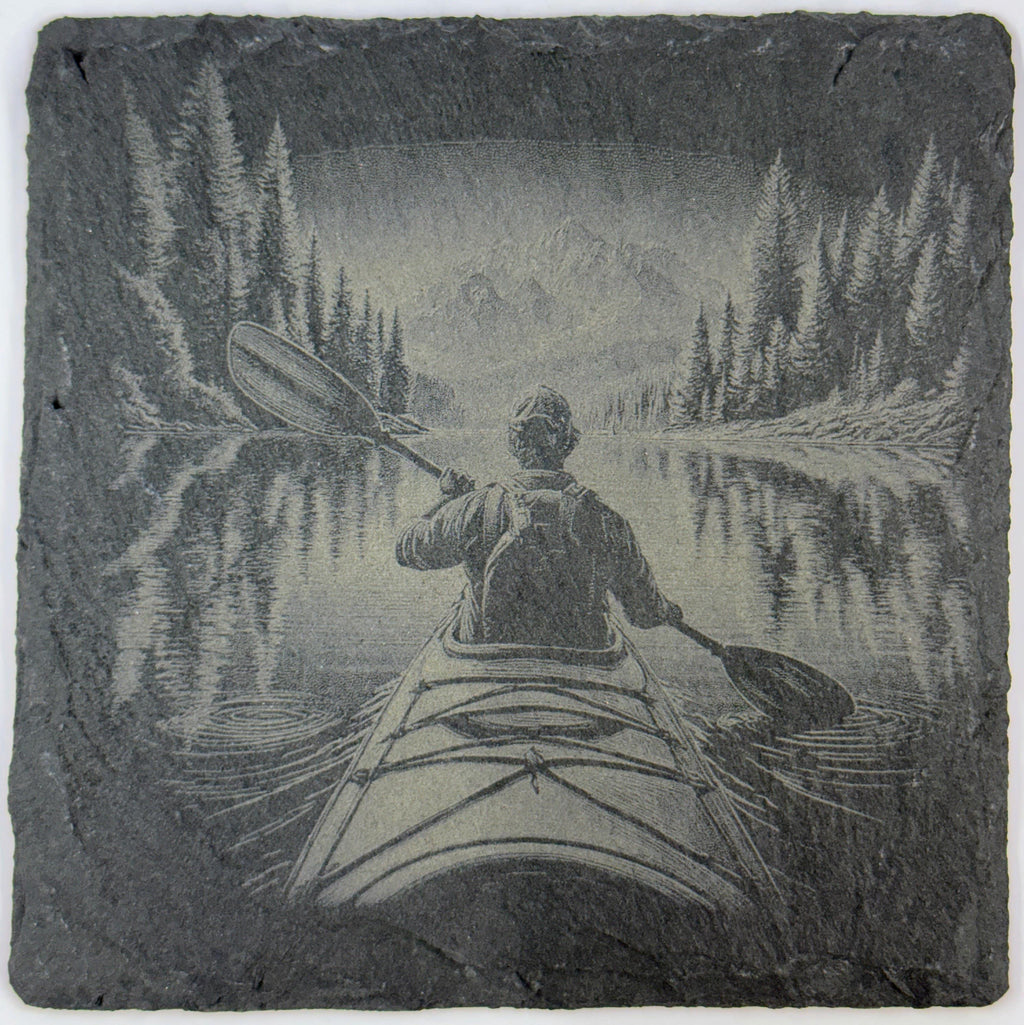 Kayaking and Canoeing Mountain Lake Coasters – Scenic Paddle & Fishing Slate Coaster 4 Pack