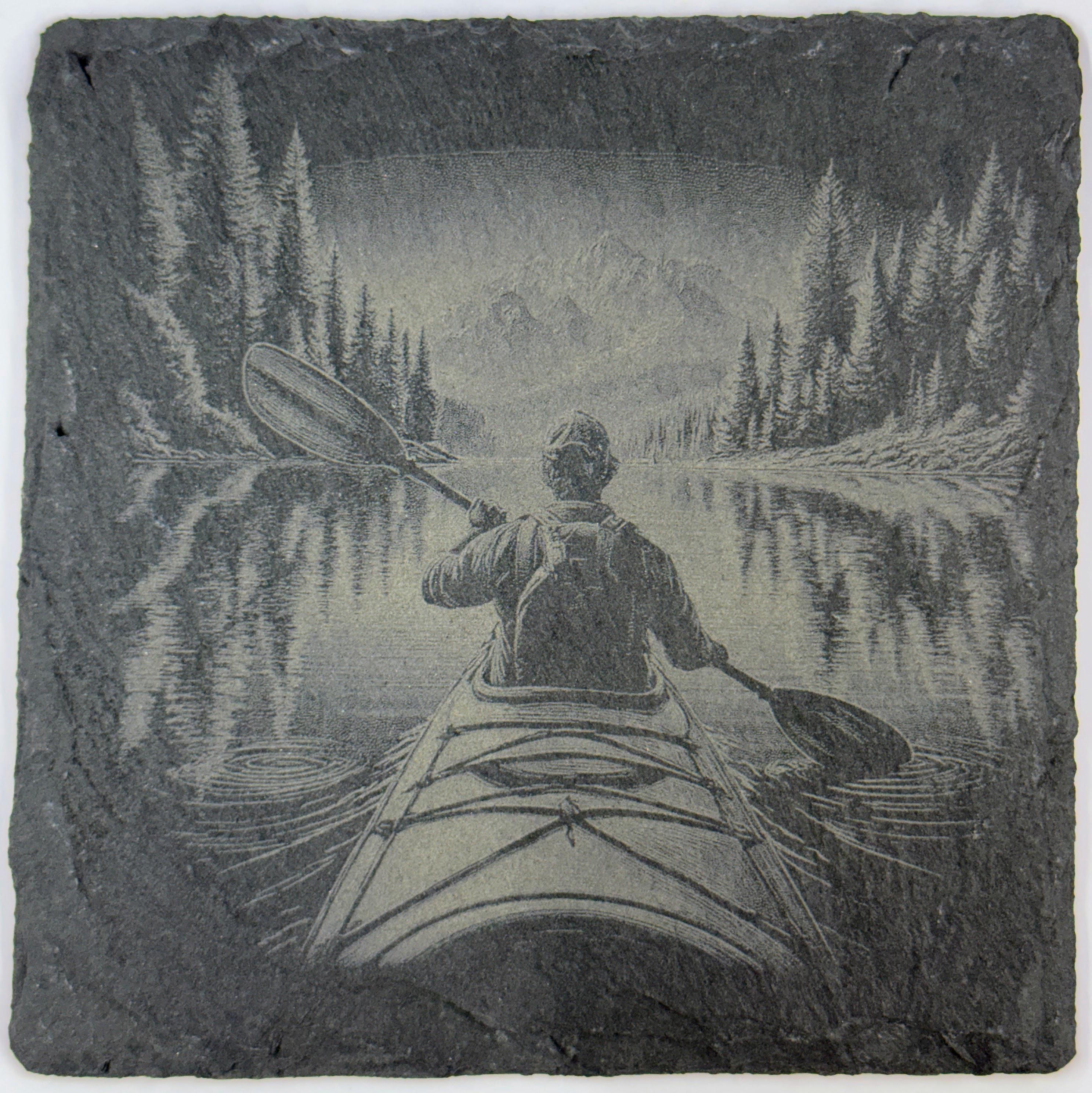 Kayaking and Canoeing Mountain Lake Coasters – Scenic Paddle & Fishing Slate Coaster 4 Pack