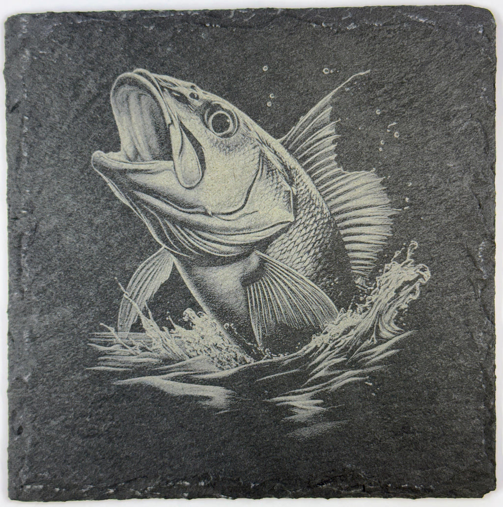 Laser Engraved Fishing Slate Coasters: Bass & Trout Designs - Set of 4